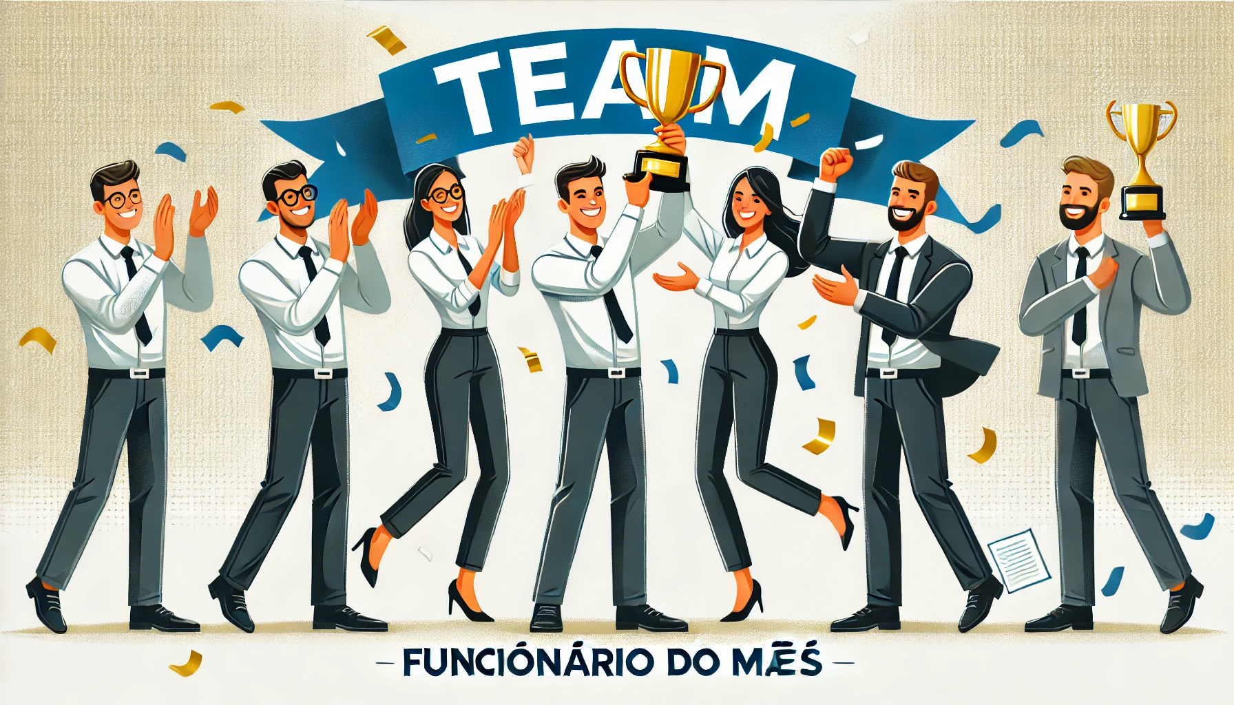 Equipe comemorando com um troféu, representando o funcionário do mês.